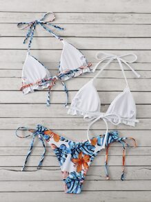 Swim Vcay 夏季海滩随机热带印花比基尼套装荷叶边吊带三角胸罩上衣和系带侧比基尼下装 3 件套比基尼 - 彩色 - 查看 2