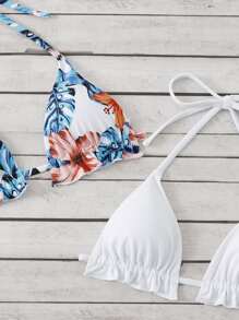 Swim Vcay 夏季海滩随机热带印花比基尼套装荷叶边吊带三角胸罩上衣和系带侧比基尼下装 3 件套比基尼 - 彩色 - 查看 3
