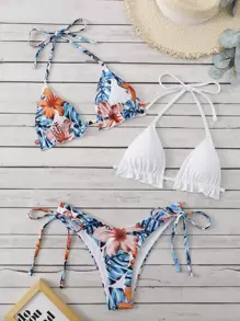 Swim Vcay 夏季海滩随机热带印花比基尼套装荷叶边吊带三角胸罩上衣和系带侧比基尼下装 3 件套比基尼 - 彩色 - 查看 5