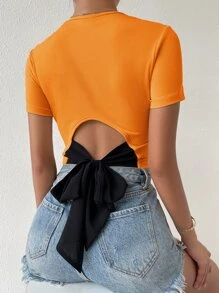SHEIN Privé Tie Back Rib Knit Top Graphic Tees Women Tops - Orange - View 1