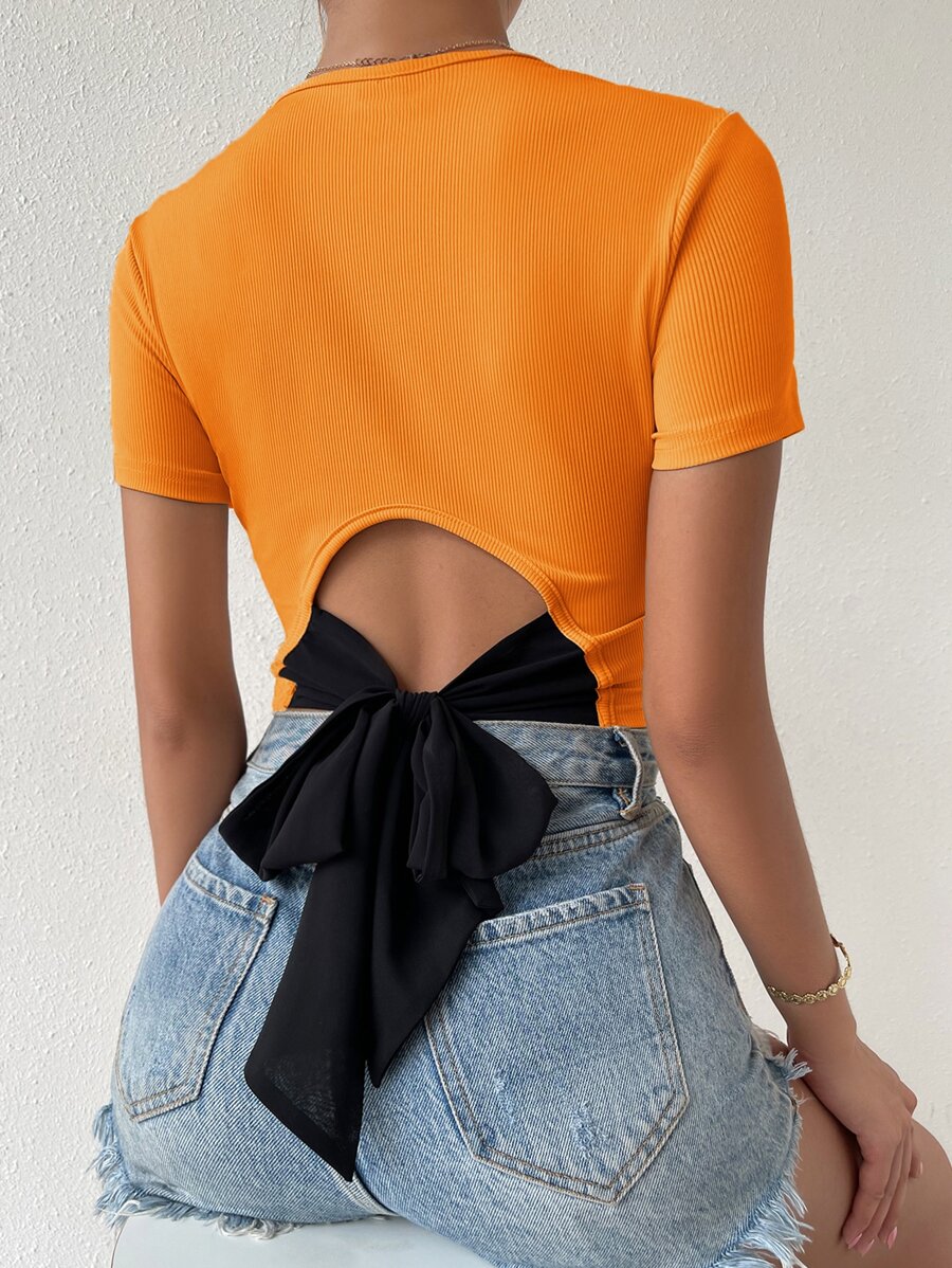 SHEIN Privé Tie Back Rib Knit Top Graphic Tees Women Tops - Orange - View 1