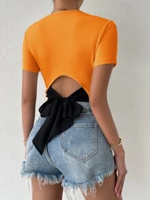 SHEIN Privé Tie Back Rib Knit Top Graphic Tees Women Tops - Orange - View 2