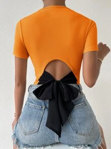 SHEIN Privé Tie Back Rib Knit Top Graphic Tees Women Tops - Orange - View 3