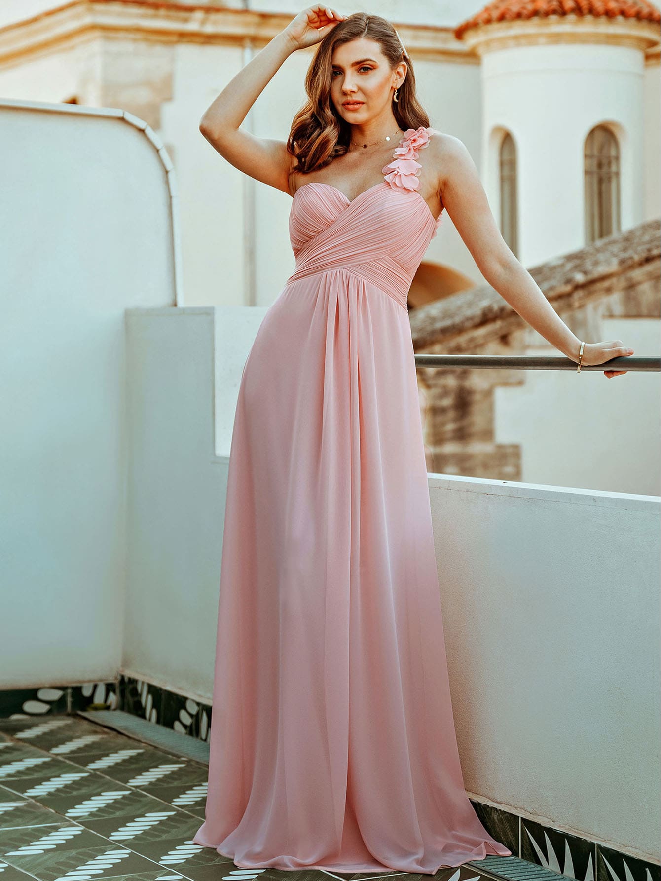 One Shoulder Ruched Bodice Prom Dress Elegant Bridesmaid Dress - Baby Pink - View 1