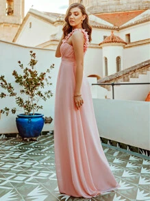 One Shoulder Ruched Bodice Prom Dress Elegant Bridesmaid Dress - Baby Pink - View 2