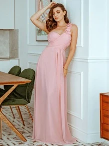 One Shoulder Ruched Bodice Prom Dress Elegant Bridesmaid Dress - Baby Pink - View 3