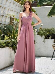 One Shoulder Ruched Bodice Prom Dress Elegant Bridesmaid Dress