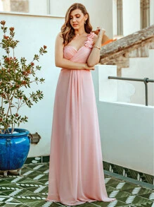 One Shoulder Ruched Bodice Prom Dress Elegant Bridesmaid Dress - Baby Pink - View 4