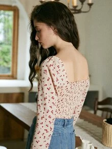 Ditsy Floral Print Sweetheart Neck Ruched Blouse - Red and White - View 2