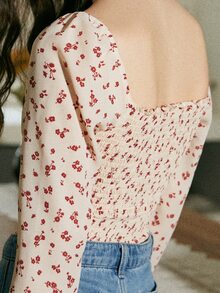 Ditsy Floral Print Sweetheart Neck Ruched Blouse - Red and White - View 6