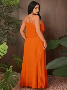 SHEIN SXY 百褶雪紡吊帶上衣和半身裙 - 橘色 - 查看 3