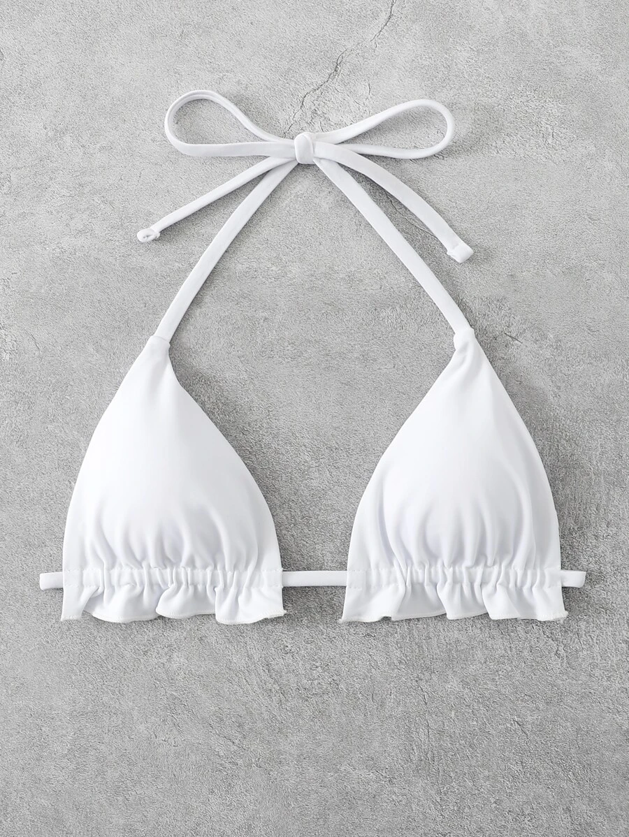 SHEIN Swim Summer Beach Frill Trim Micro Triangle Bikini Top - White - View 1