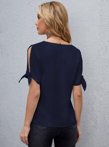 SHEIN Clasi V領豹紋印花開衩袖上衣 - 藏蓝色 - 查看 2