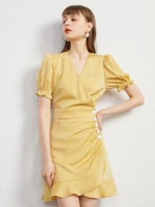 Button Front Ruched Puff Sleeve Ruffle Trim Wrap Hem Dress - Yellow - View 1