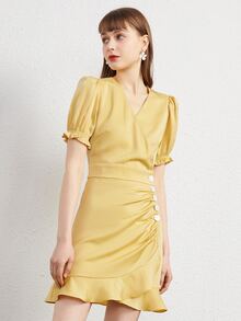 Button Front Ruched Puff Sleeve Ruffle Trim Wrap Hem Dress - Yellow - View 3