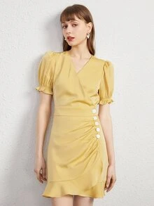 Button Front Ruched Puff Sleeve Ruffle Trim Wrap Hem Dress - Yellow - View 4
