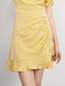 Button Front Ruched Puff Sleeve Ruffle Trim Wrap Hem Dress - Yellow - View 5