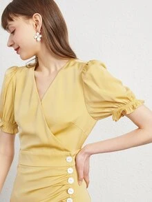 Button Front Ruched Puff Sleeve Ruffle Trim Wrap Hem Dress - Yellow - View 7