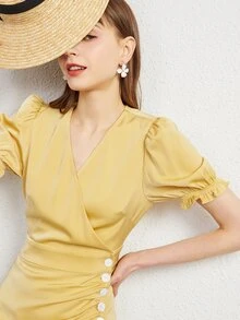 Button Front Ruched Puff Sleeve Ruffle Trim Wrap Hem Dress - Yellow - View 8
