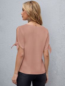 SHEIN Clasi V領豹紋印花開衩袖上衣 - 粉色 - 查看 2