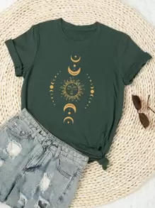 SHEIN LUNE 大碼月亮和太陽印花T恤 - 墨綠色 - 查看 1