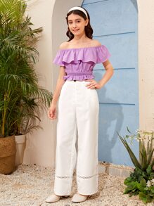 SHEIN 青少年女孩一字肩荷葉邊打褶花邊下擺上衣和褲子 - 彩色 - 查看 5