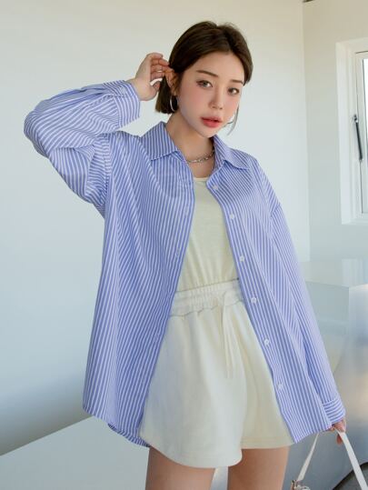 Vertical Striped Drop Shoulder Shirt,Fall Clothes Preppy Tops Long Sleeve Top