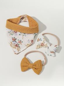 1x Khăn rằn in hoa cho bé và 2x băng đô - Màu Mù tạt vàng - Xem 1