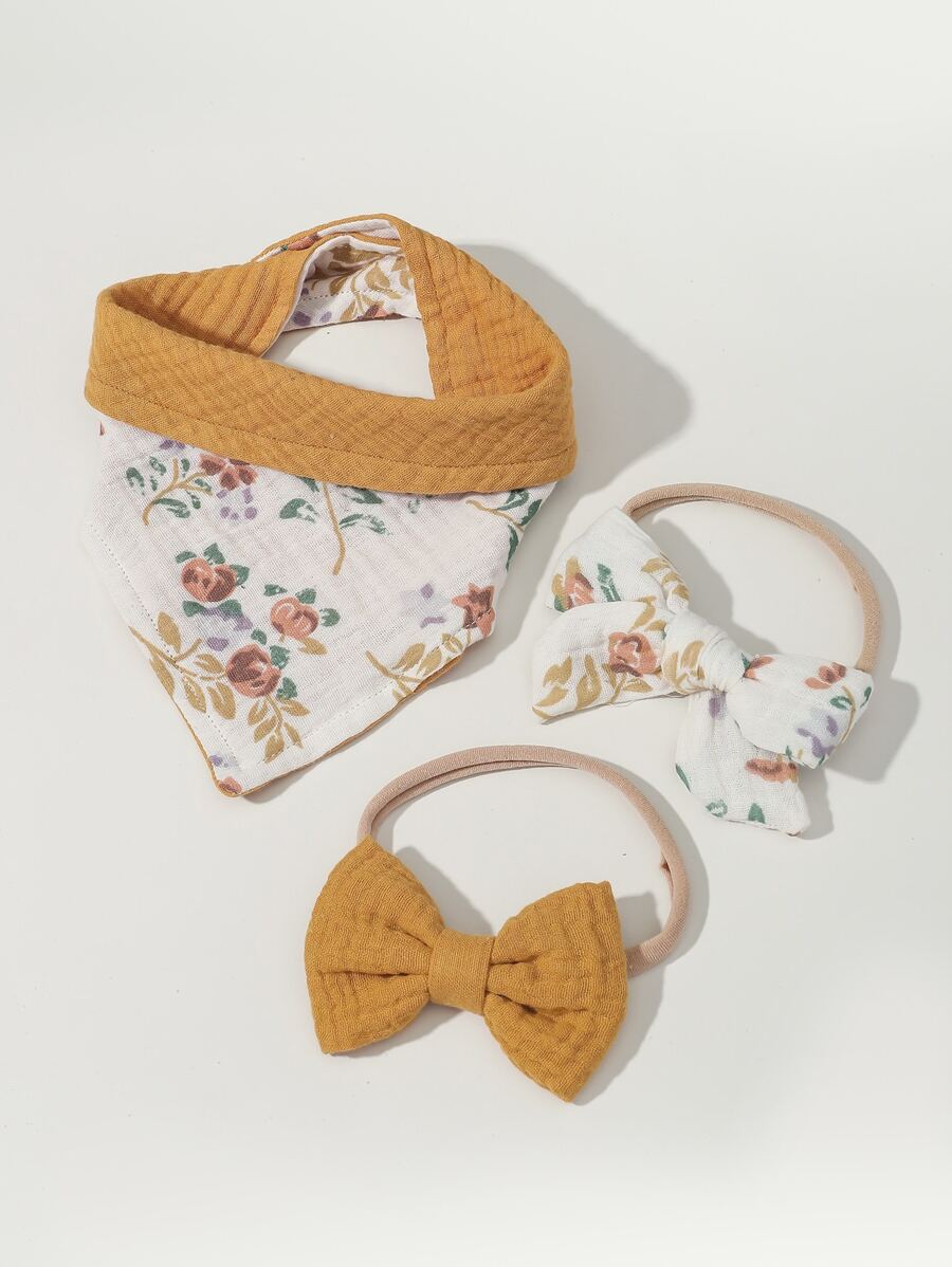 1x Khăn rằn in hoa cho bé và 2x băng đô - Màu Mù tạt vàng - Xem 1