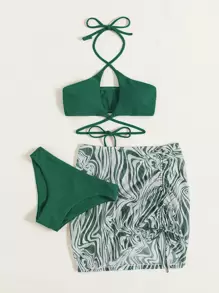 SHEIN Swim 大理石印花比基尼套装交叉无线胸罩上衣和比基尼下装和抽绳裙 3 件比基尼，夏季海滩 - 墨綠色 - 查看 2