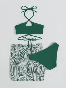 SHEIN Swim 大理石印花比基尼套装交叉无线胸罩上衣和比基尼下装和抽绳裙 3 件比基尼，夏季海滩 - 墨綠色 - 查看 3