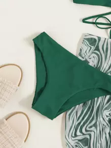 SHEIN Swim 大理石印花比基尼套装交叉无线胸罩上衣和比基尼下装和抽绳裙 3 件比基尼，夏季海滩 - 墨綠色 - 查看 5