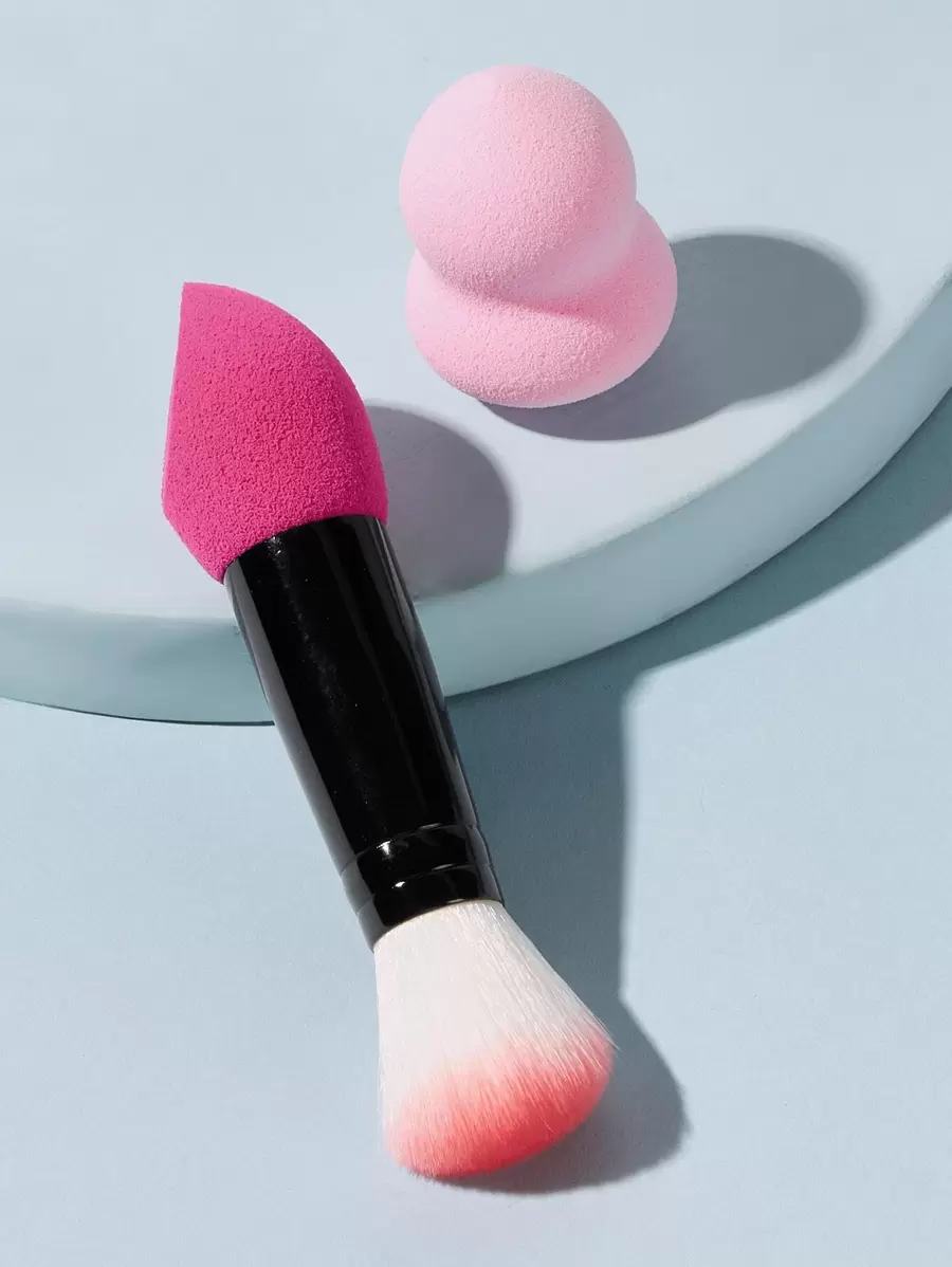 1pc Duo-ended Makeup Brush & 1pc Sponge - Multicolor - View 1