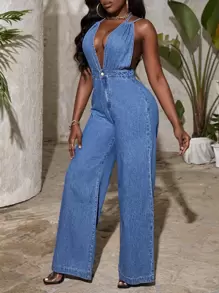 SHEIN SXY Quần yếm & áo liền quần denim dành cho nữ Lộ Lưng Túi Buộc lại Dây kéo màu trơn Gợi cảm - Rửa trung bình - Xem 4