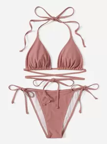 Summer Beach Mono Bikini Set Halter Wireless Triangle Bra & Tie Side Bottom 2 Pieces Bikini - Dusty Pink - View 1