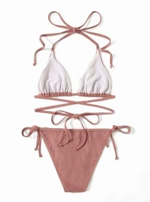 Summer Beach Mono Bikini Set Halter Wireless Triangle Bra & Tie Side Bottom 2 Pieces Bikini - Dusty Pink - View 2
