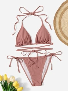 Summer Beach Mono Bikini Set Halter Wireless Triangle Bra & Tie Side Bottom 2 Pieces Bikini - Dusty Pink - View 3