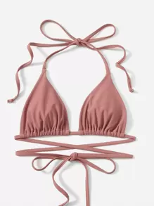 Summer Beach Mono Bikini Set Halter Wireless Triangle Bra & Tie Side Bottom 2 Pieces Bikini - Dusty Pink - View 5