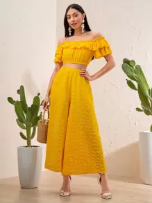 Mulvari Top corto de hombros descubiertos ribete con fruncido & Pantalones de pierna ancha - Amarillo - Ver 1