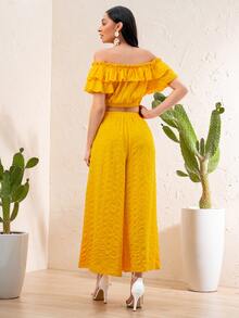 Mulvari Top corto de hombros descubiertos ribete con fruncido & Pantalones de pierna ancha - Amarillo - Ver 2