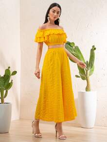 Mulvari Top corto de hombros descubiertos ribete con fruncido & Pantalones de pierna ancha - Amarillo - Ver 3