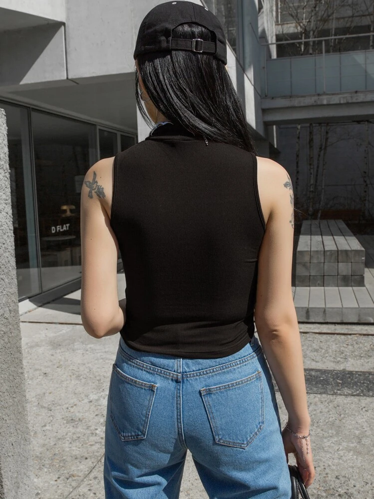 DAZY Mock Neck Ribbed Knit Tank Top - Black - View 2