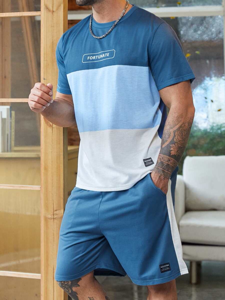 Manfinity Homme 男士撞色字母圖案T恤帶腰部抽繩運動短褲 - 藍白色 - 查看 1