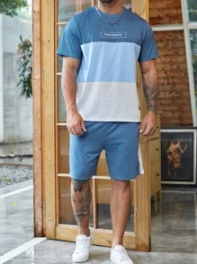 Manfinity Homme 男士撞色字母圖案T恤帶腰部抽繩運動短褲 - 藍白色 - 查看 4