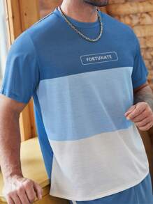 Manfinity Homme 男士撞色字母圖案T恤帶腰部抽繩運動短褲 - 藍白色 - 查看 5