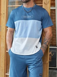 Manfinity Homme 男士撞色字母圖案T恤帶腰部抽繩運動短褲 - 藍白色 - 查看 6