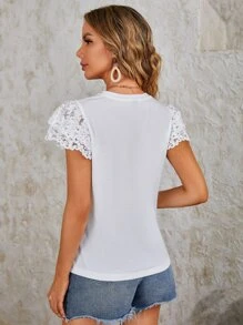 SHEIN LUNE Contrast Guipure Lace Butterfly Sleeve Tee - White - View 2
