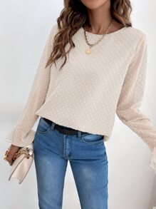 SHEIN Frenchy 圓點荷葉袖襯衫 - 杏色 - 查看 5