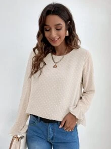 SHEIN Frenchy 圓點荷葉袖襯衫 - 杏色 - 查看 6