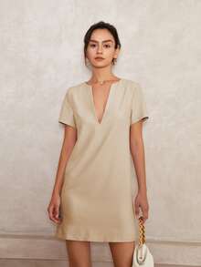 Women V-Neck Casual Short Sleeve Straight Midi Dress, Business Casual Women Vacation Outfits